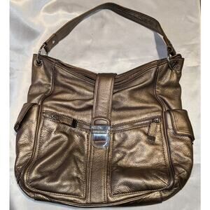 Michael Kors Metallic Champagne Gold Leather Buckle Shoulder Bag Purse Handbag